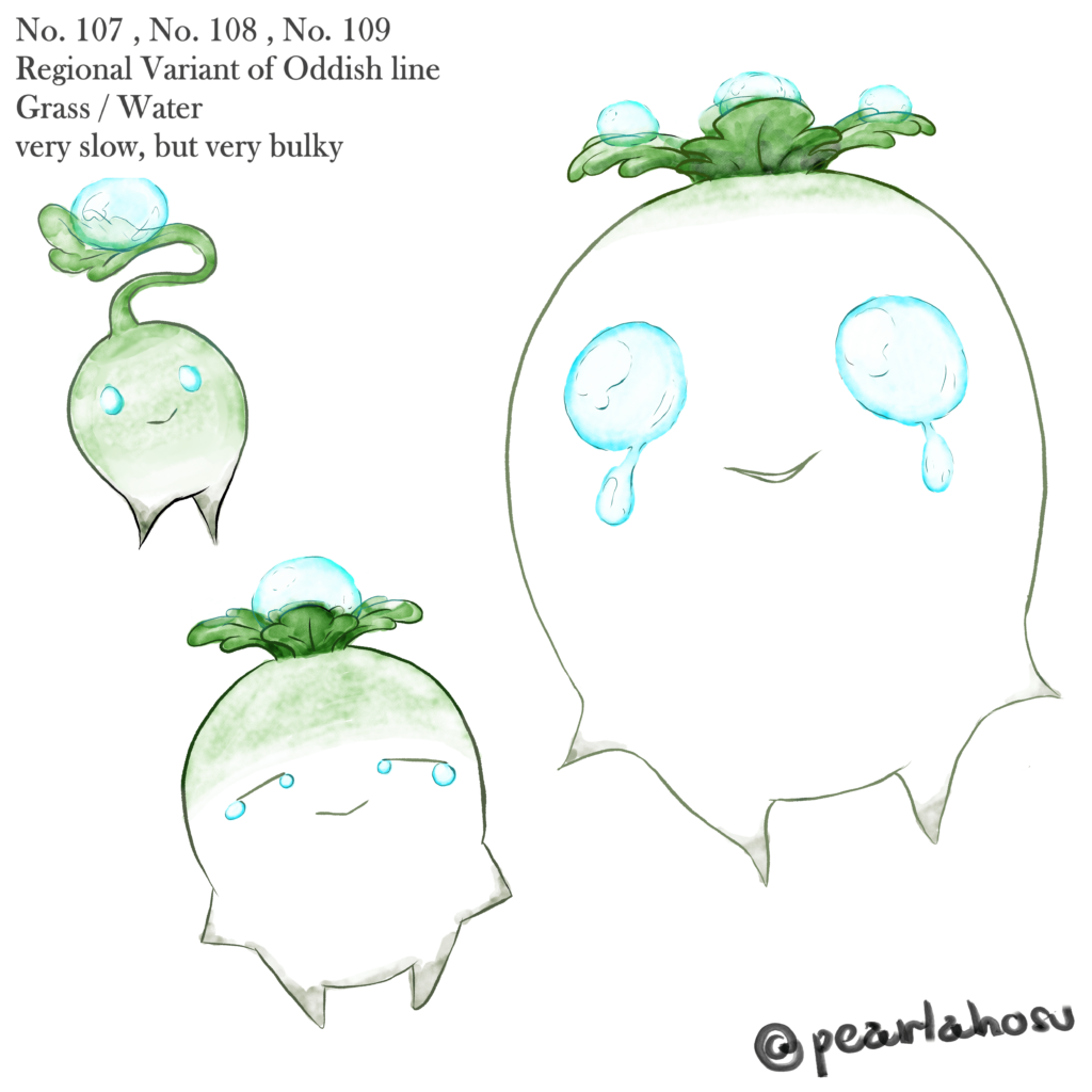 Regional variant of the Oddish line inspired by daikon radishes and tears of joy instead of traditional mandrake crying