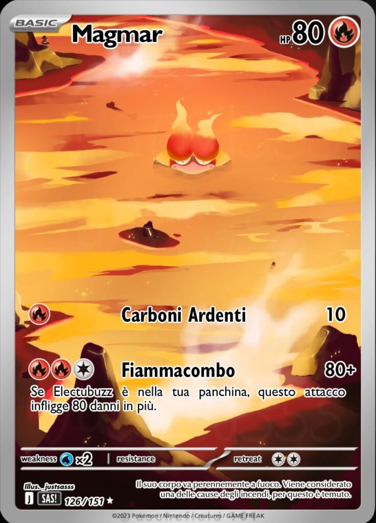 It’s been a while since I dropped a card from my own illustrated 151 set. This time is Magmar’s turn and I really love this Pokémon. What are your thoughts about this card?
