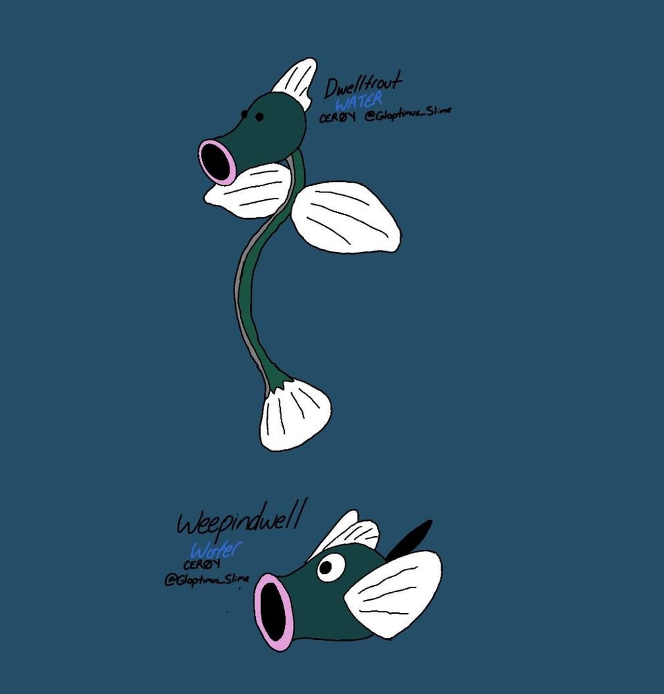 [OC] introducing Dwelltrout,Weepindwell,and Victreedwell—deep sea fish Convergents of the Bellsprout line