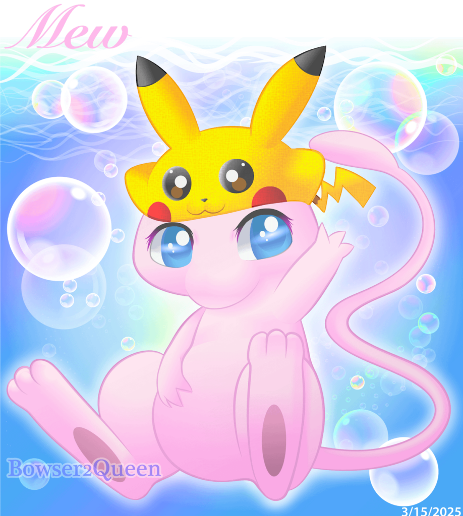 I did a picture of Mew wearing a cute Pikachu hat. Why? One of my friends loves Pikachu and I love Mew, so that's all there is to it.😊