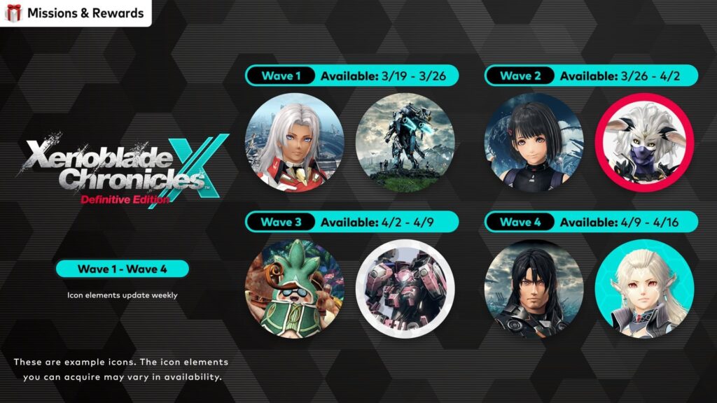 Redeem your My Nintendo Platinum Points to collect custom icons from Xenoblade Chronicles X: Definitive Edition, available until 4/16 at 6pm PT. Icon elements will be refreshed each week.