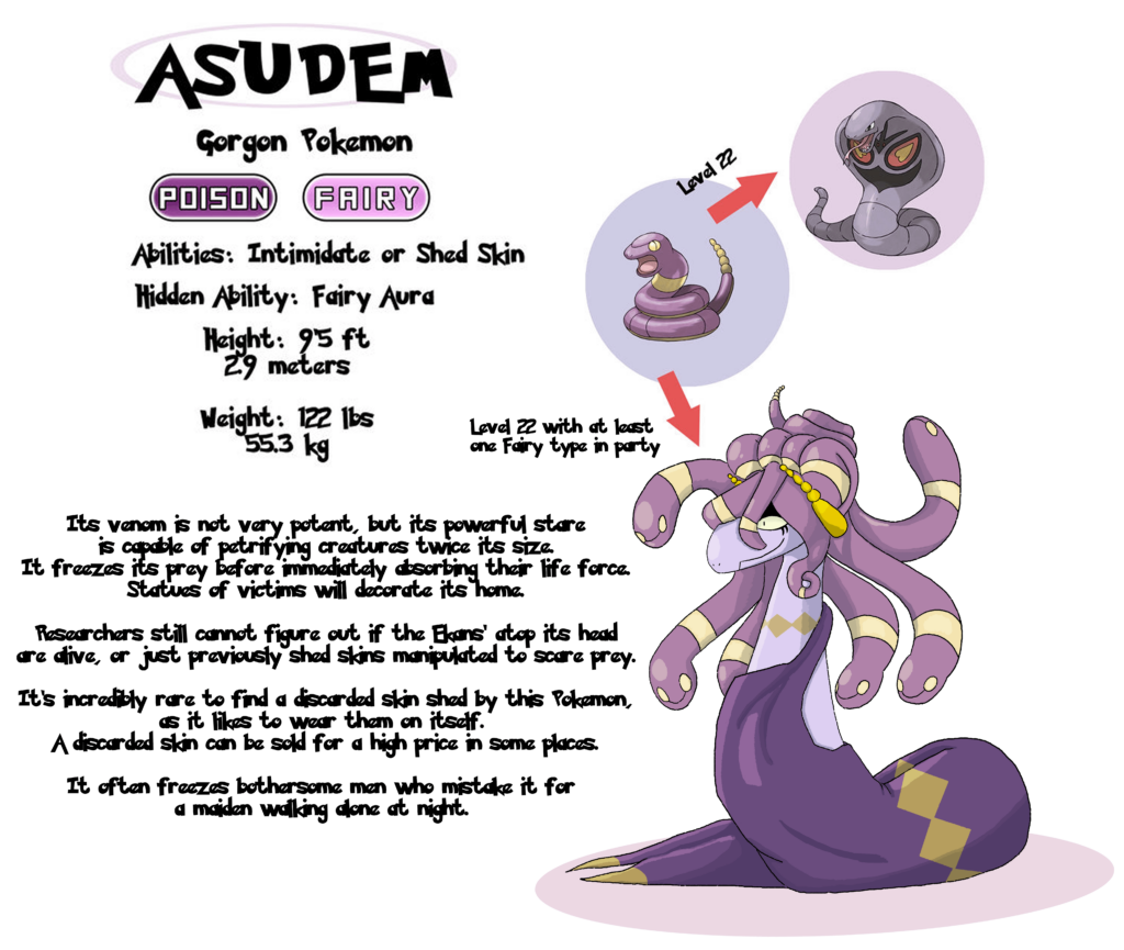 Nobody asked for a split evolution of Ekans, but you're getting one. Old art from last year, but behold, ASUDEM!