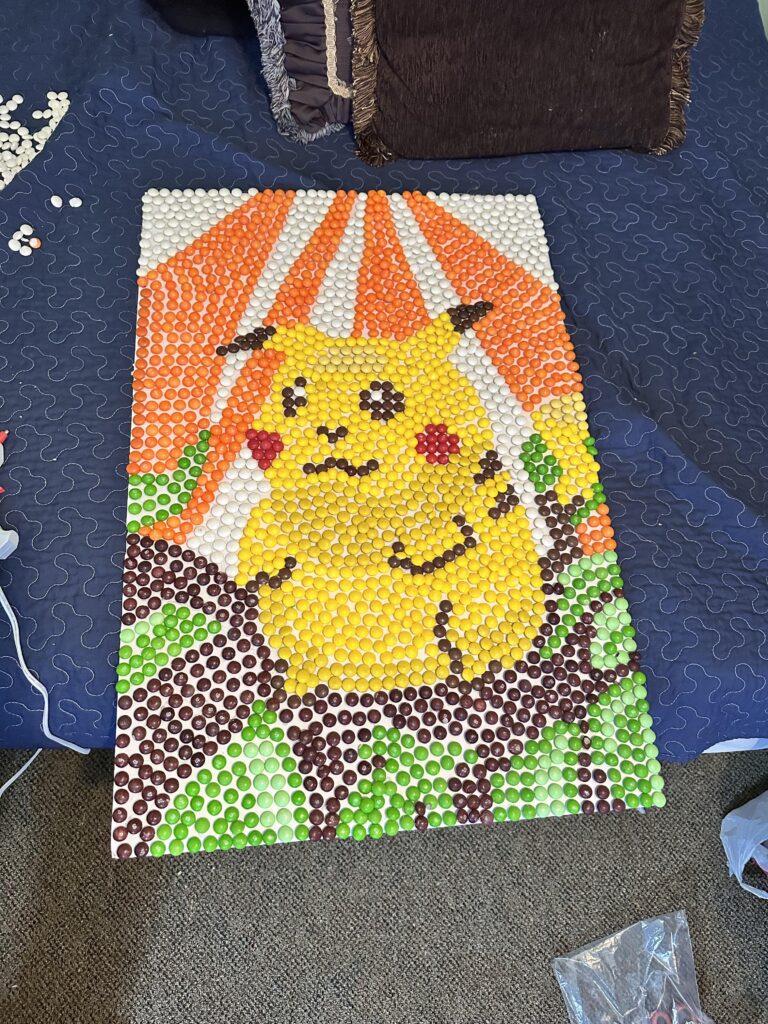 I made chunky pikachu out of skittles and m&ms for my school project