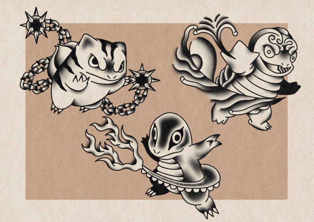 Flash designs of gen 1 and 2 starters for my tattoo apprenticeship