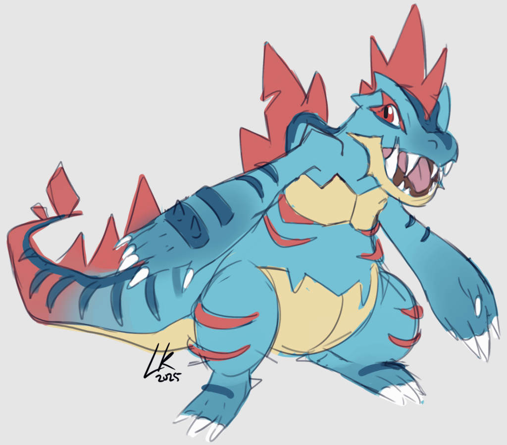 me and a friend are designing mega evos for the starters we're choosing so i attempted to draw my own mega feraligatr !!! he's just more spikey tbh lol