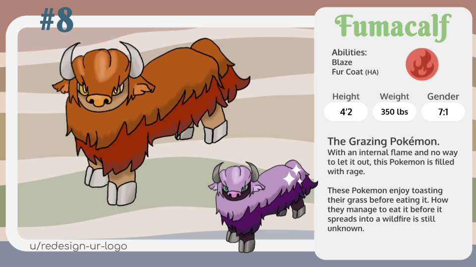Day 8 of posting Fakemon from my region, Istora! Meet Fumacalf, the evolution of Bacalf!