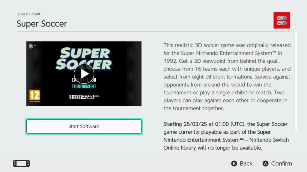 Super Soccer will be removed from the NSO in the West as well, on March 28, 01:00 UTC