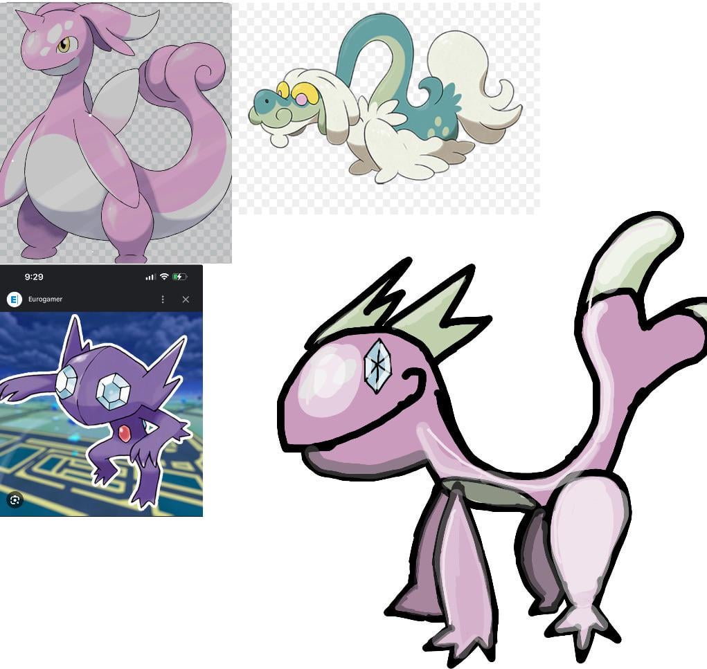 My first fakemon I tried to make replicating the fakemon style + the inspos used for it.