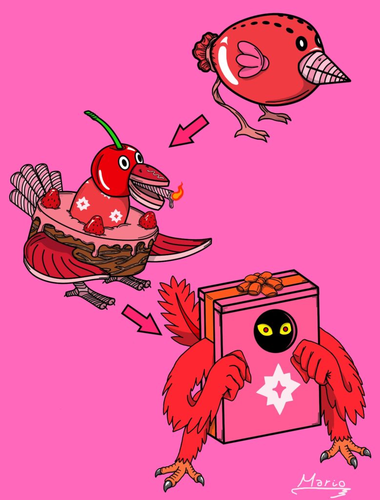 Fakemon: Birday, Happájaro and Presenteryx.