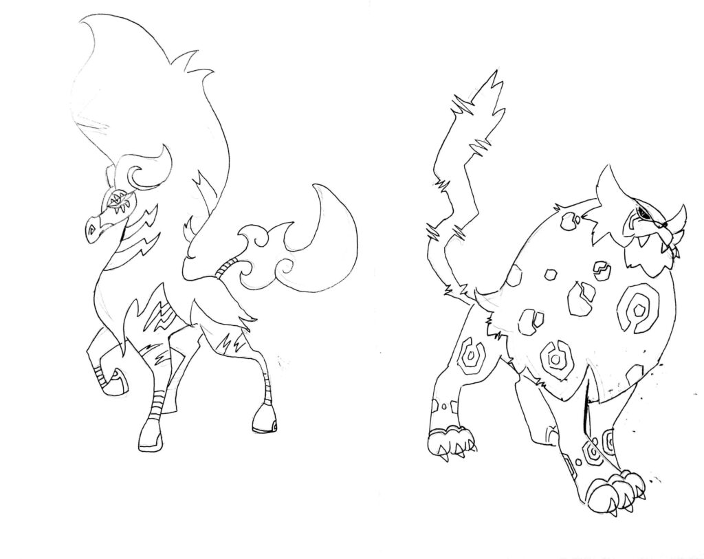 The legendarys for my fakemon region set in south Africa , Pokémon Spots and Pokémon Stripes . Can't come up with names. They're fire fighting and electric fighting