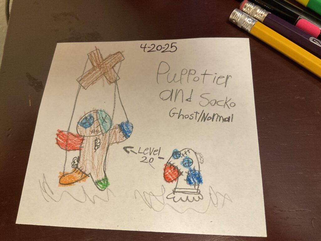 Meet Socko and Puppotier! Ghost/Normal type Puppet Pokémon! They’re possessed by their puppet master!
