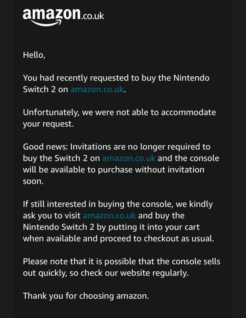 Amazon UK no longer using invitations for Switch 2, first come first served starting ‘soon’