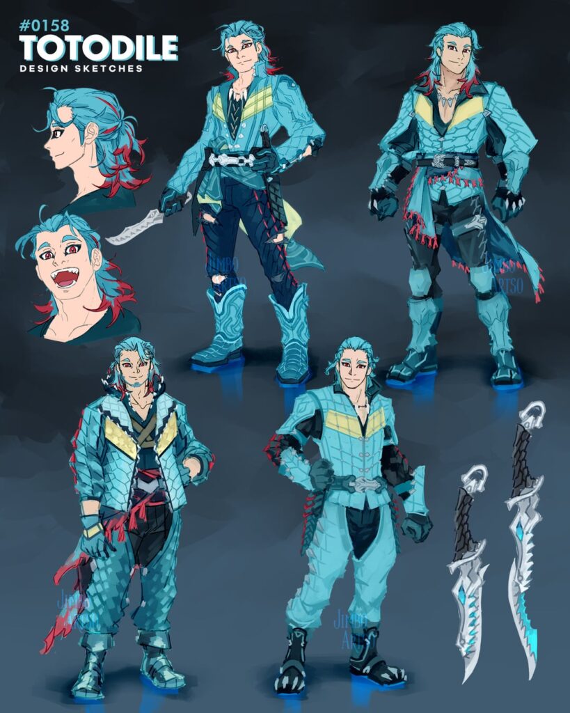 Totodile Gijinka - rough design concept sketches. Thoughts and opinions? (OC)