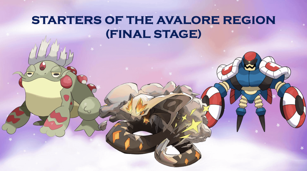 Avalore Fakemon Region - Starter Trio (Final Stages) - see OP comment for artist and info