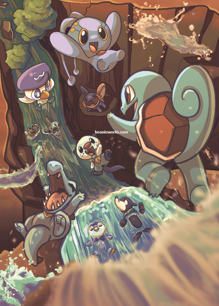 [OC] A sequel to the grass-type starter gathering-- here are the water-type starters (and a friend) 😊