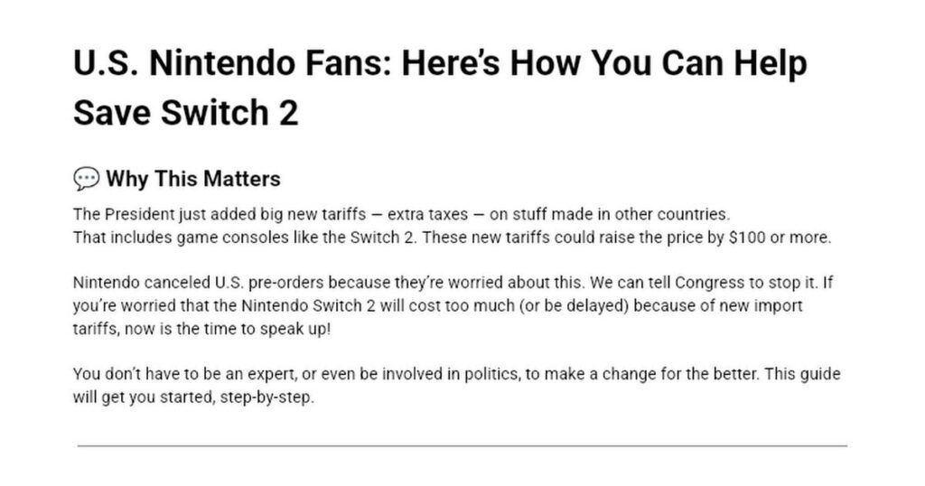 U.S. Fans: Contact your representative and ask them to oppose tariffs affecting Switch 2