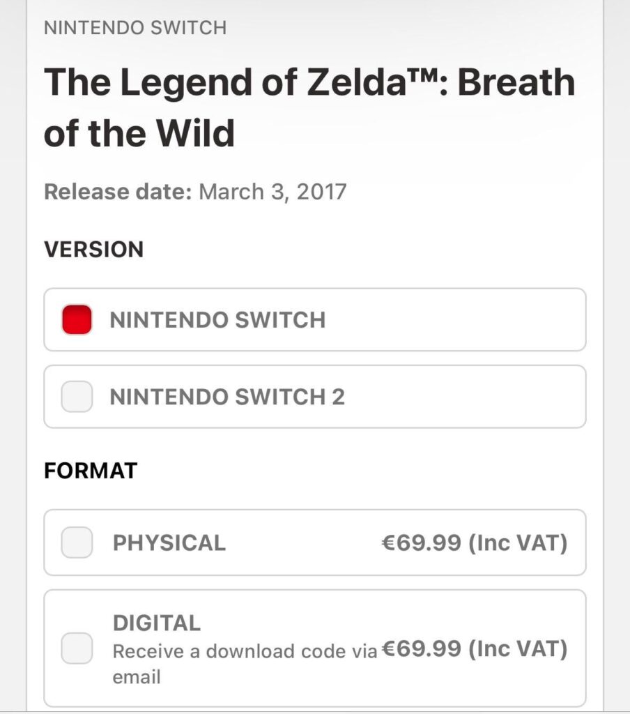 The Legend of Zelda: Breath of the Wild costs €10 more than full price at release!