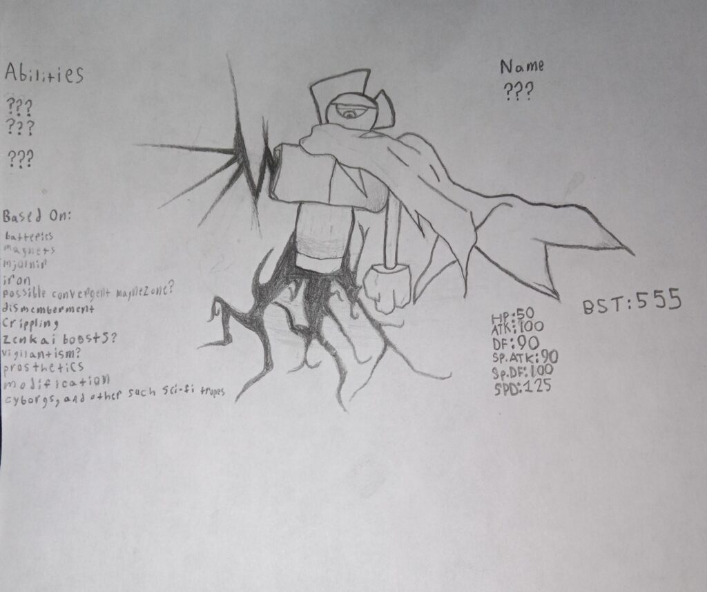 Made this guy during some downtime between classes, so it's a bit rough. i can't think of a good name or abilities for it. As for type, i can't decide between Ghost/Steel or Electric/Steel. Any ideas???