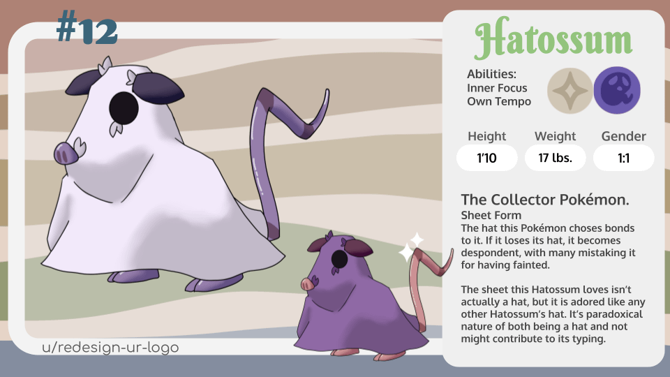 Day 18 of posting Fakemon. He has a sheet! and is also the reason for having one of each type. I wanted to have a pokemon of every type combo in my region, but didn't want to put a hisuian pokemon in there, so here! Normal/Ghost