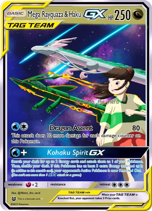 I made a Pokémon X Ghibli Tag Team card featuring Mega Rayquaza and Haku!