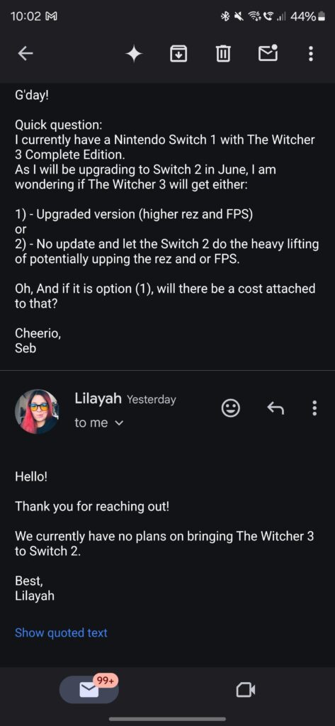 Witcher 3 - No Switch 2 version