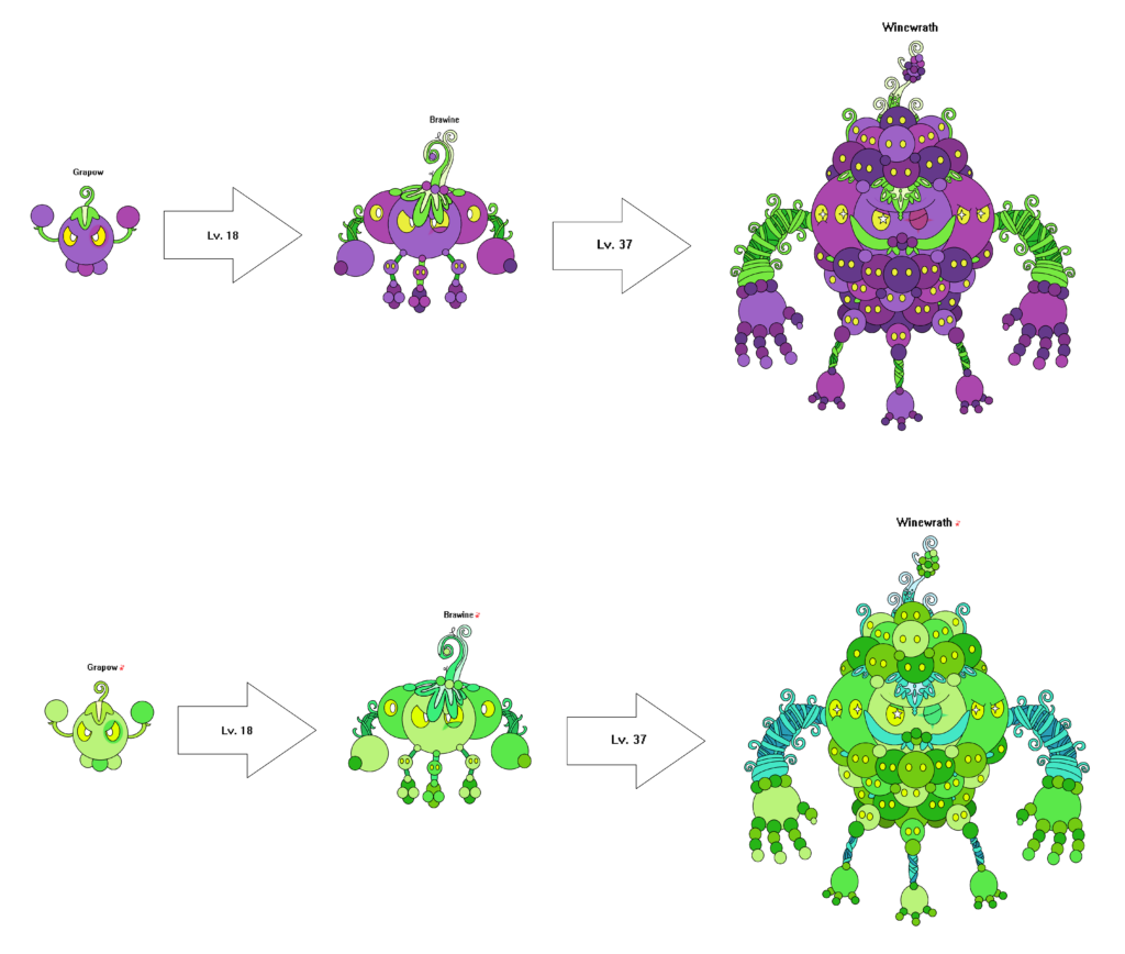 Meet Grapow! The Grass type, Brawine! The Grass/Fighting Type. and Winewrath, also the Grass/Fighting Type as well. Based on grapes and the shiny forms are based on green grapes.