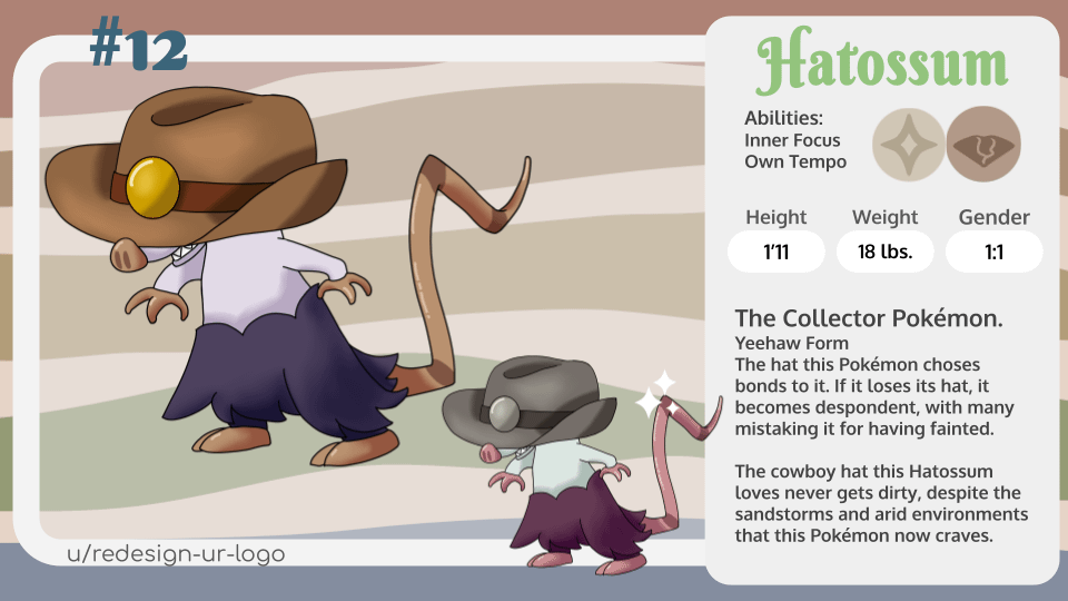 Day 25 of posting Fakemon from Istora, my region. Finally, the one that inspired this pokemon, possum with cowboy hat. next up is the route 1 bug