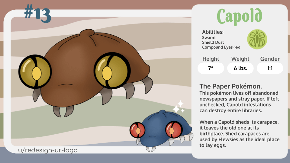 Day 26 of posting Fakemon from my region, Istora. loved this line a lot, the Paper Pokemon, Capold