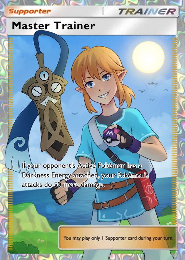 I made this card art featuring Link as a Pokémon trainer 🔴