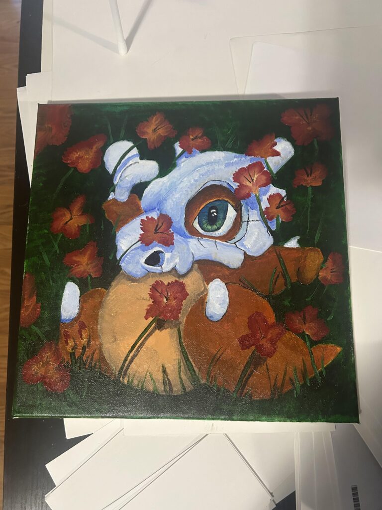 Couldn’t find anywhere else to put this, made a Cubone frolicking in some fire lilies with acrylic paints