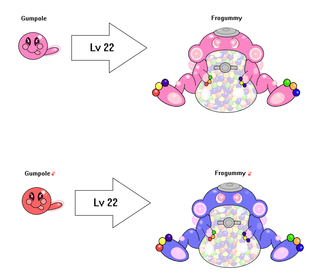 Meet Gumpole and it's evolution Frogummy! They're both Water/Fairy Types. Based on Gumballs and Gumball Machine.
