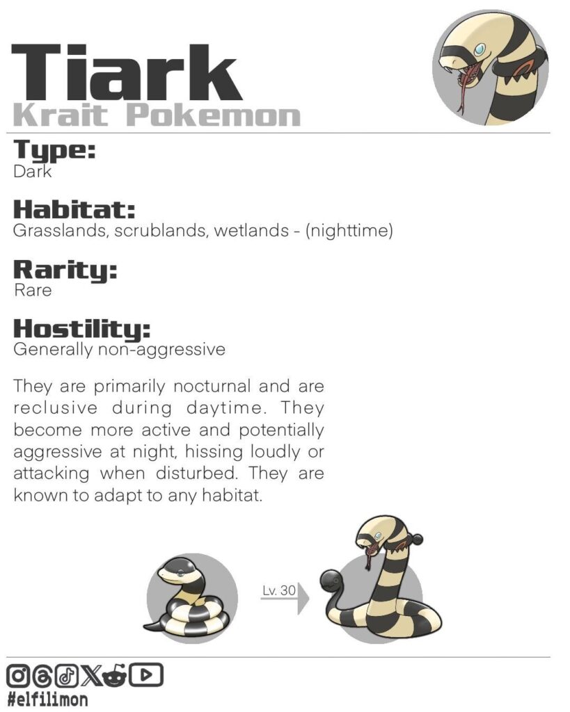 Dark-type Ekans evolves. It is based on a Banded Krait. I just think the colors would match a Dark-type and the name Banded sounds like Bandit.