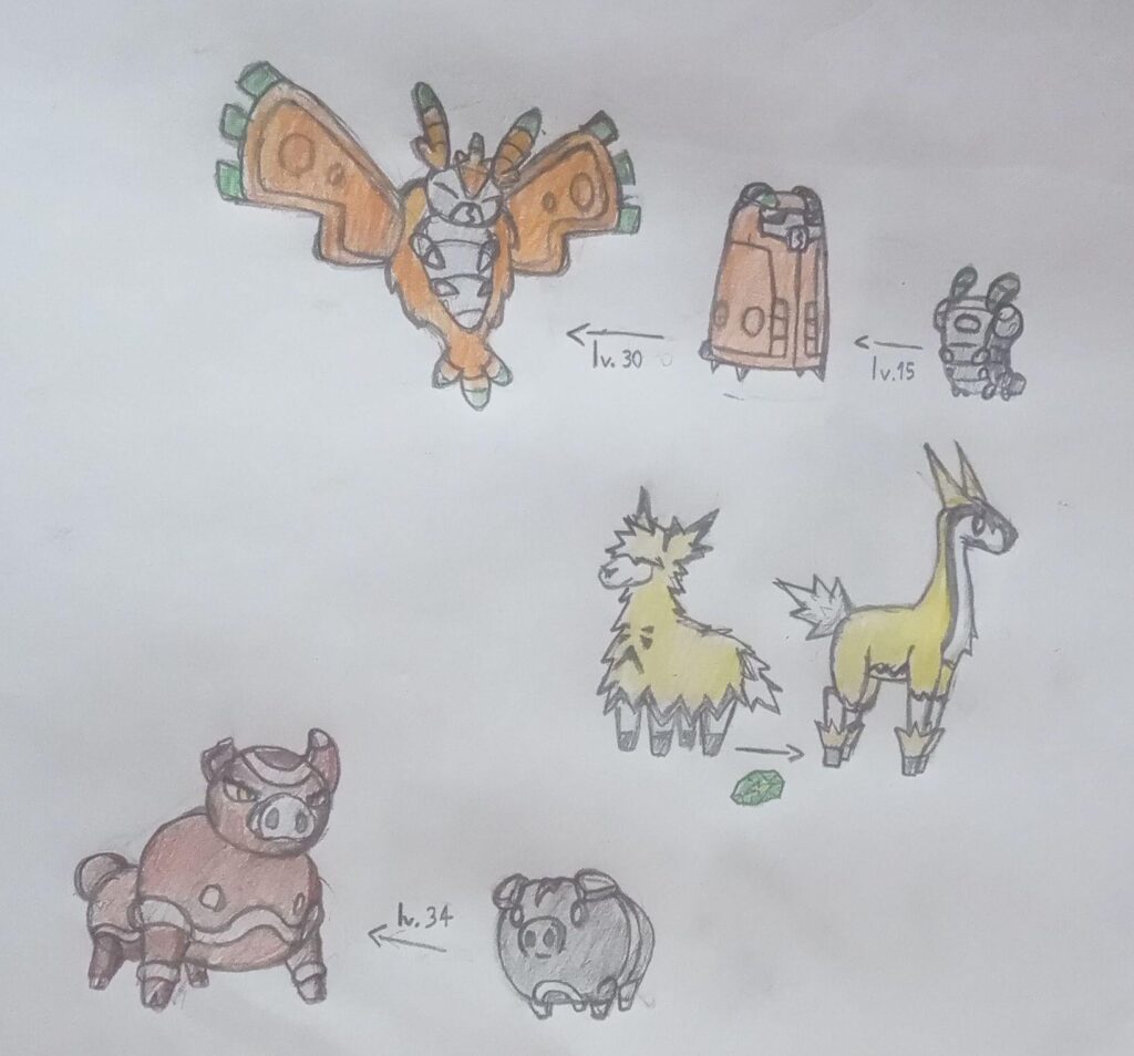 Some fakemon sketches, a desert moth, a electric llama and a clay pig