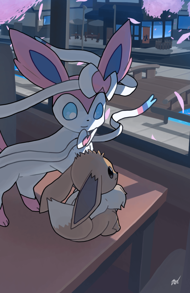 Sylveon and Eevee on a table (I drew that... The background took me way too long)