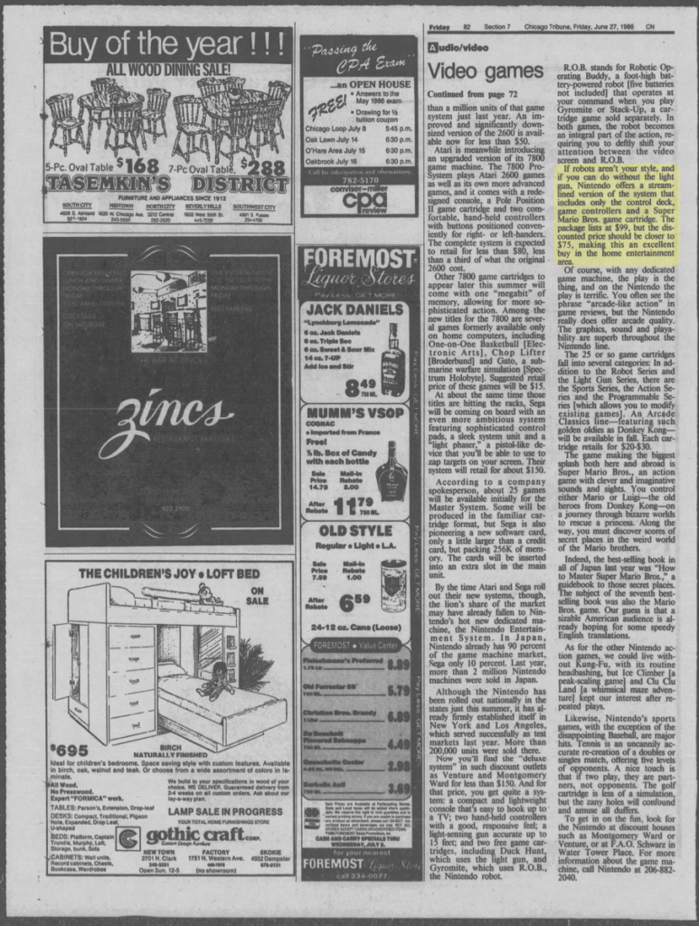 A newspaper clipping from a 1986 copy of the Chicago Tribune discussing the nationwide launch of the NES.