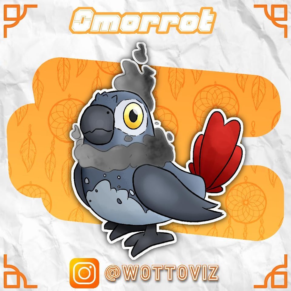 Smorrot - The urban smoke parrot Pokémon. Type: Flying / Poison. (inspired by the Congo parrot)