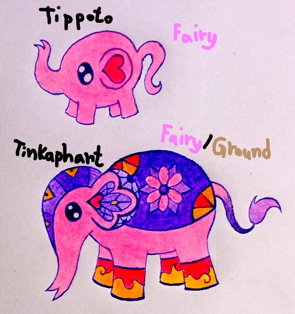Meet Tippoto and Tinkaphant, the fairy type elephant pokemon!
