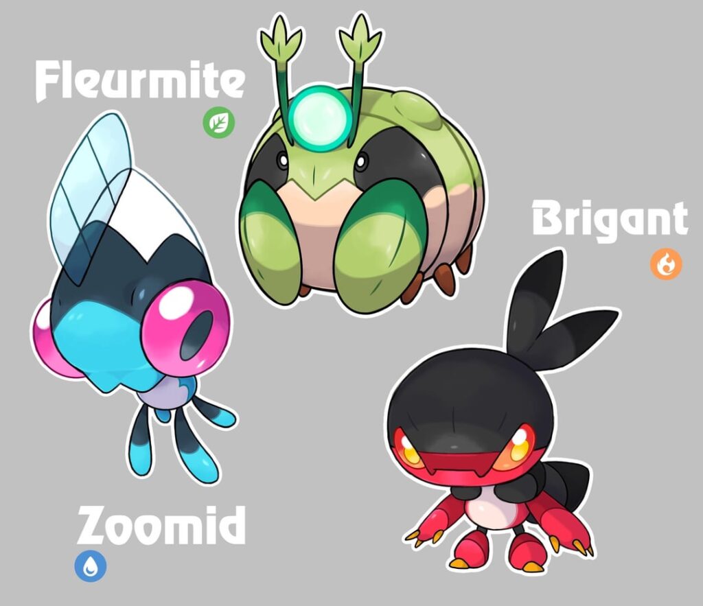 Starters of my first solo region, Pokémon: Here Be Dragons. Zoomid, Fleurmite, and Brigant <3