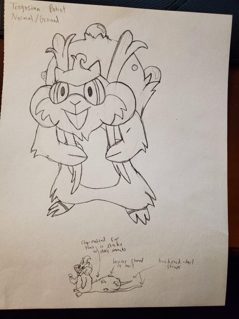 Sketch of my region's Patrat variant! Based on hikers. Haven't drawn Watchog yet