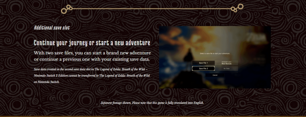 The Nintendo Switch 2 Editions of Breath of the Wild & Tears of the Kingdom will also include an additional Save Slot