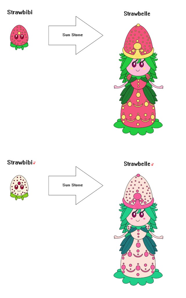 Meet Strawbibi and Strawbelle! They're both pure Grass types! based on Strawberries and princesses, also a ball gown. The Shiny forms of the two are based on the Pineberry, a white strawberry with red seeds.
