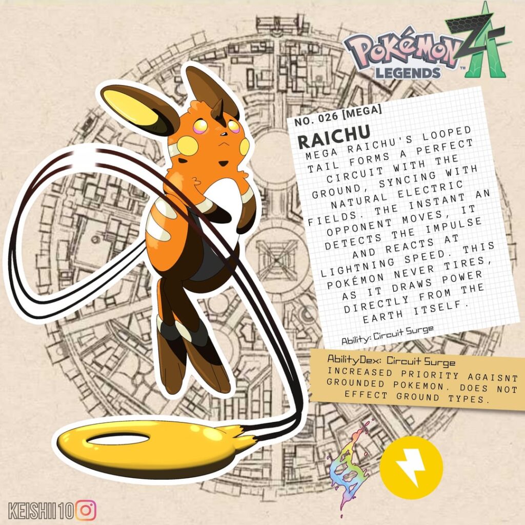 Mega Raichu! If you were expecting Gorochu...so was I! But I found the design was so strong it was really hard to take a new direction. Most of Raichus Dex involves stabbing its tail into the ground for various effects! I like this concept! Link to vote on who is next below!