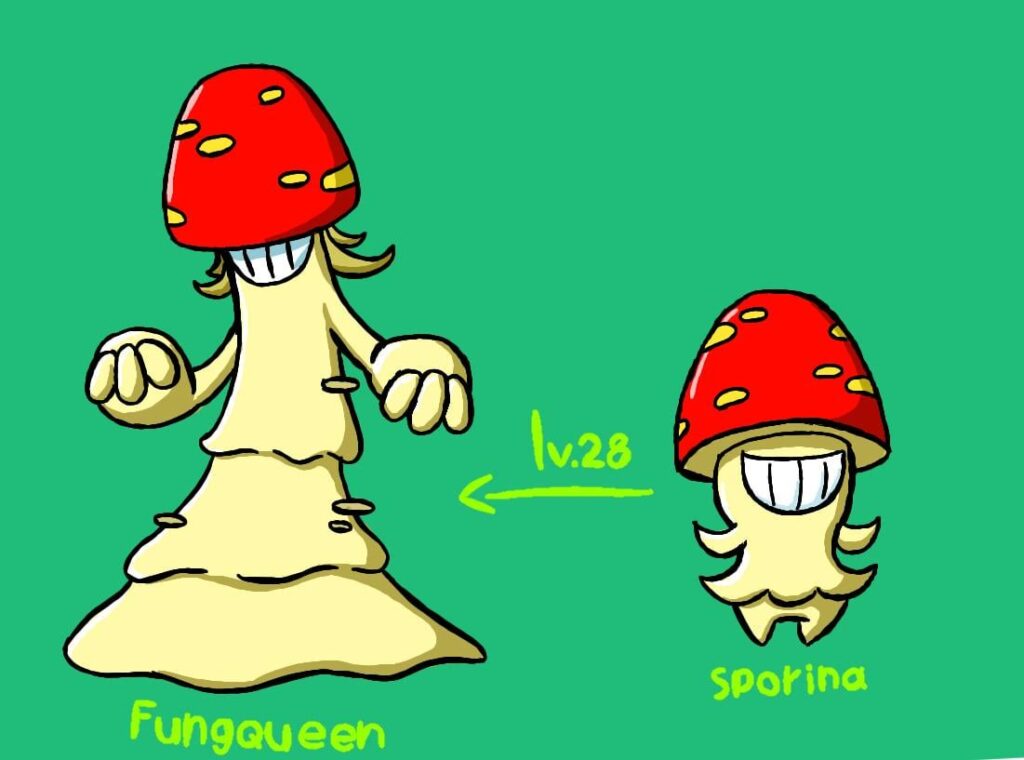 Sporina and Fungqueen, grass/psychic type