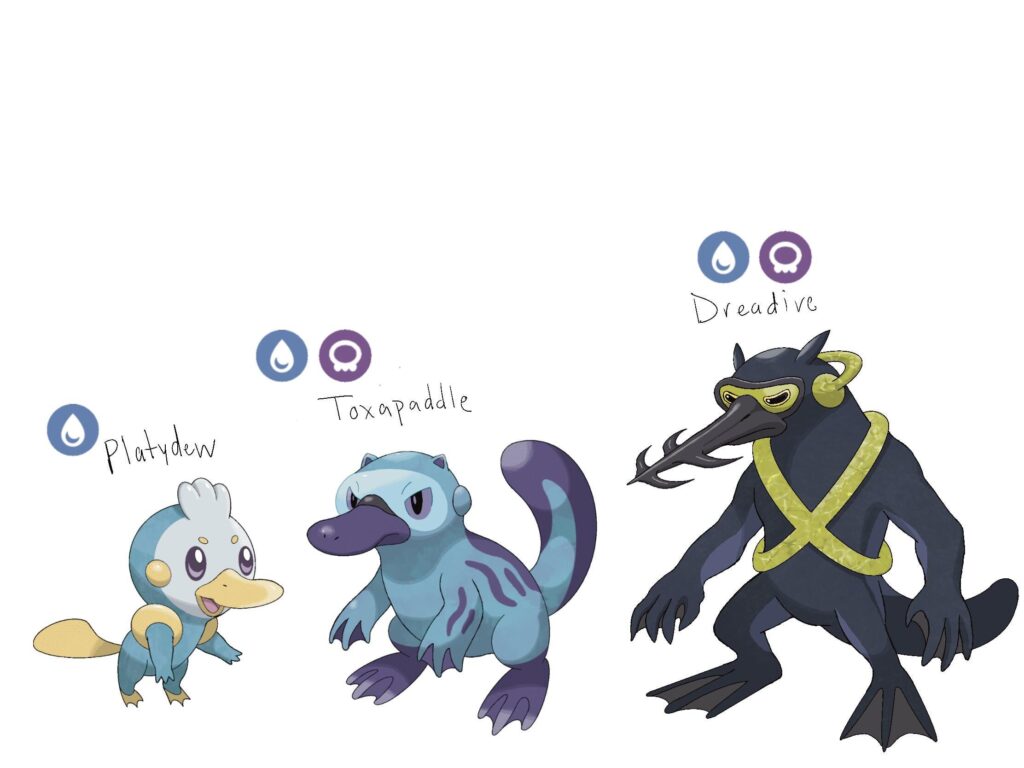 Platypus starter. Based on a diver with a harpoon. First stage is named Platydew and is pure water type. Second is named Toxapaddle and is water/poison type.Third is named Dreadive and is Water/poison type.