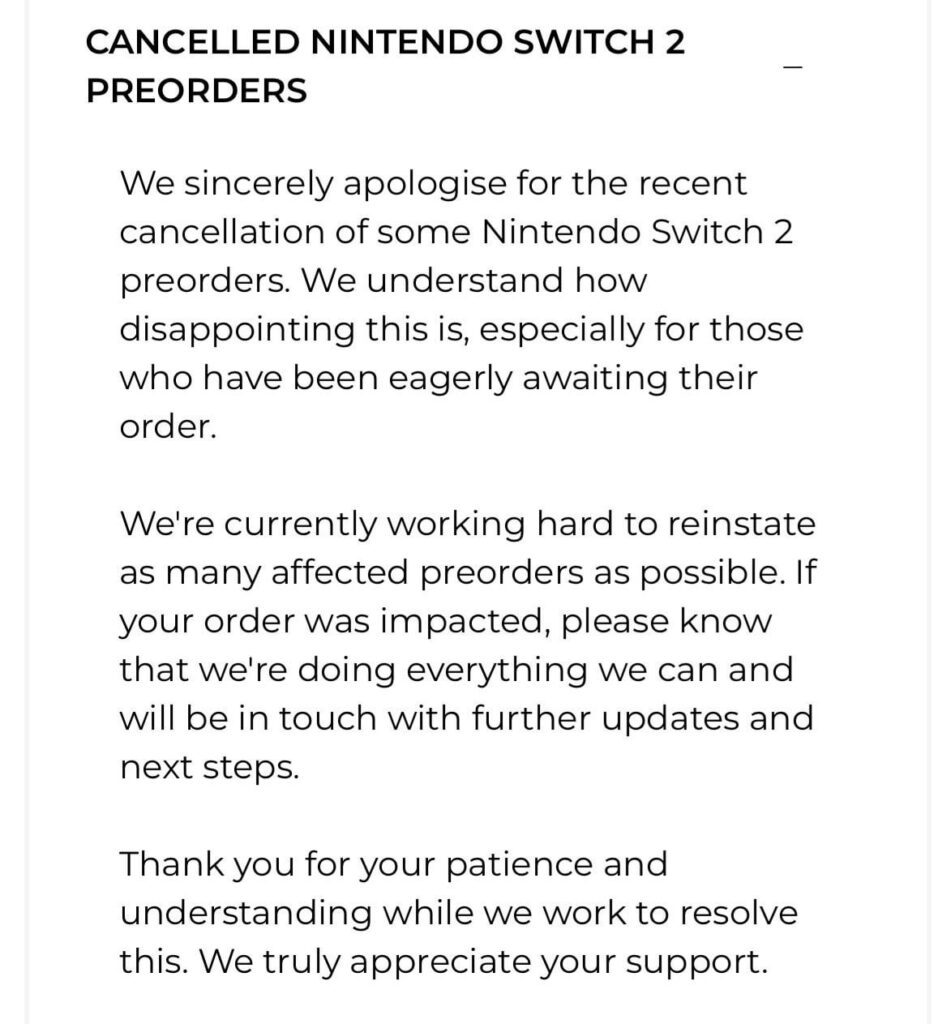 Game UK Switch 2 preorder cancellations