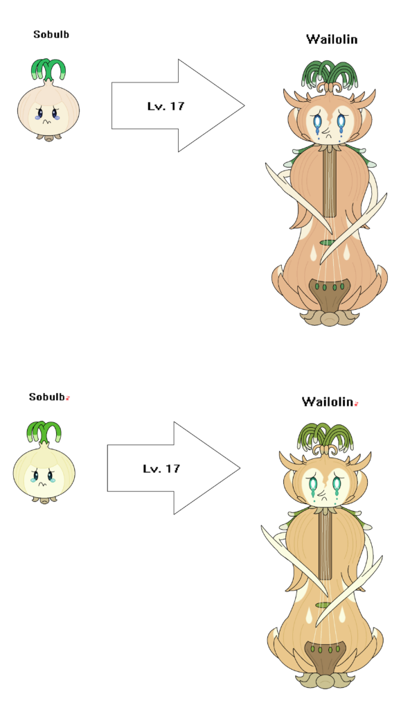 Meet Sobulb and Wailolin! Both are Grass/Normal Fakemon! Based on Onions, Sadness and Violin.
