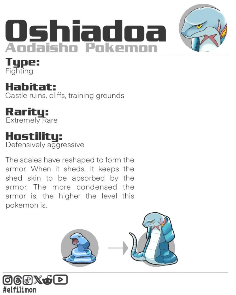 Fighting-type Ekans evolve to a Japanese Rat Snake. Read as O-shi-a-do-wa. I enjoyed drawing this armor.