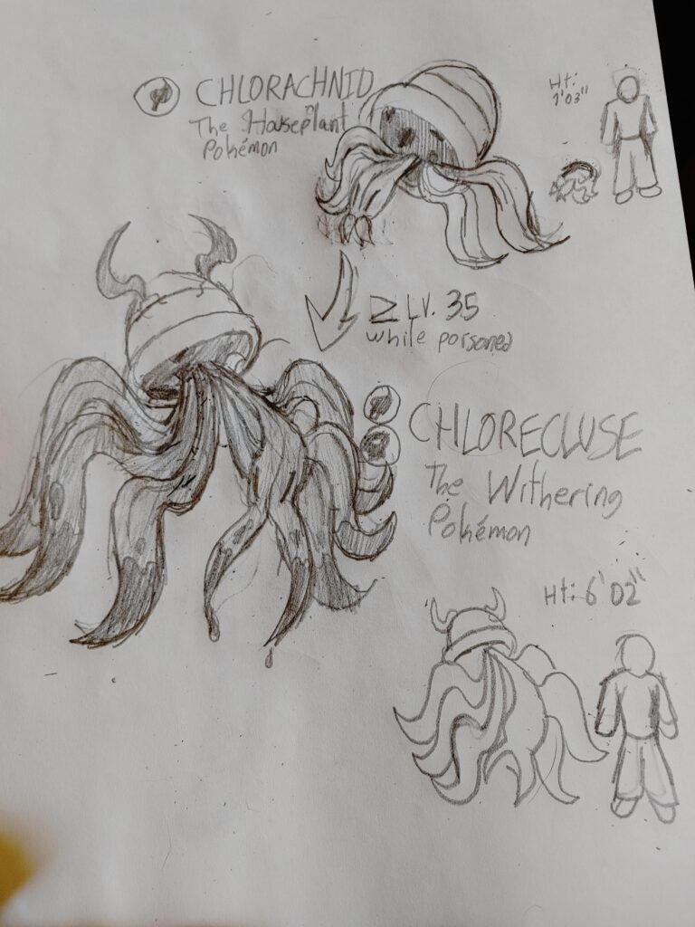 A kinda rough sketch of a fakemon line I came up with. Meet Chlorachnid and Chlorecluse!