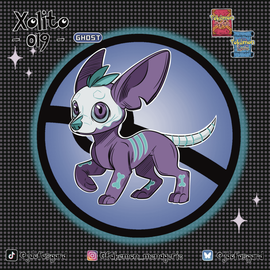 My ghost type Regional Dog, based on the Xoloitzcuintli breed and Alebrijes. (@Fakemon_menagerie)