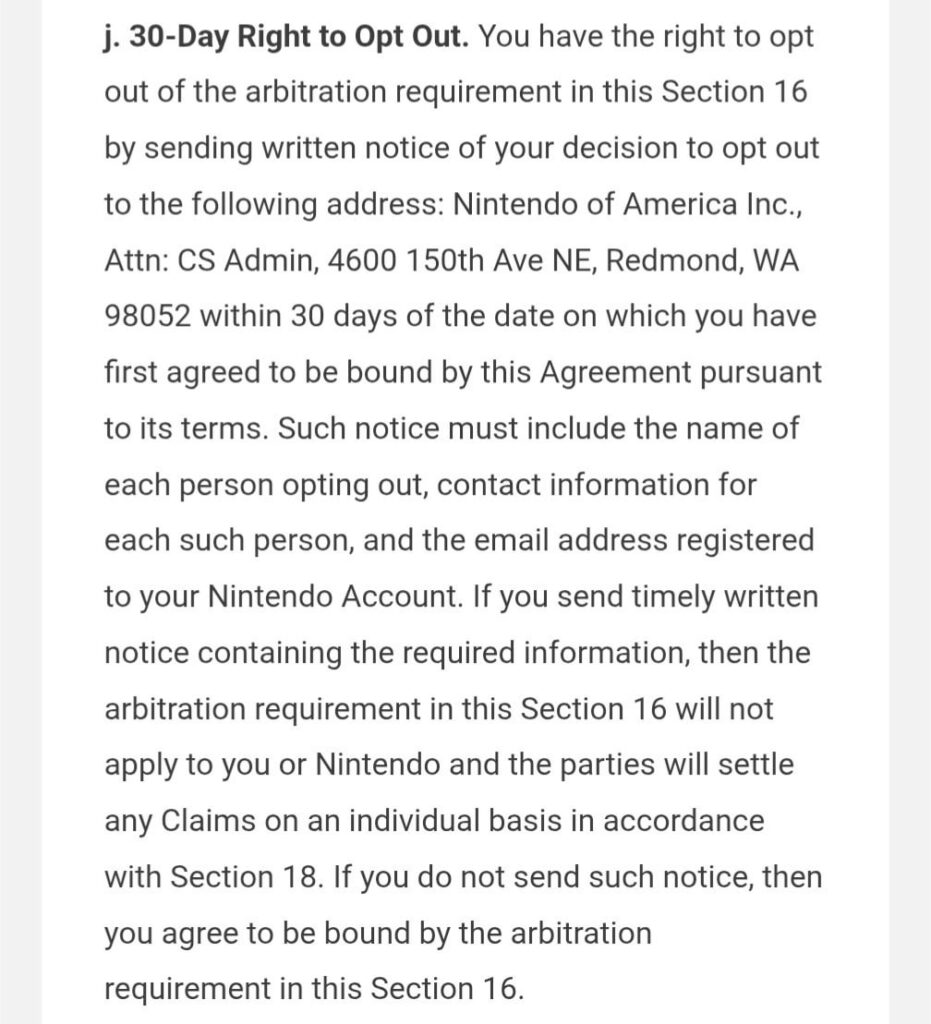 The Clock on 30 days to opt out of Arbitration starts the moment you use a Nintendo service.